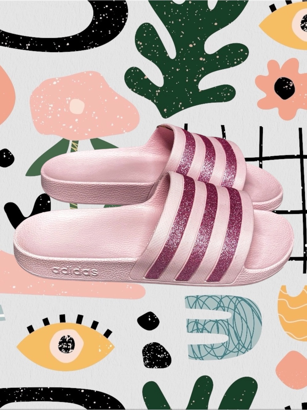 NWT✨ | Adidas | Adilette Aqua Pink Glitter Striped Slide Sandals